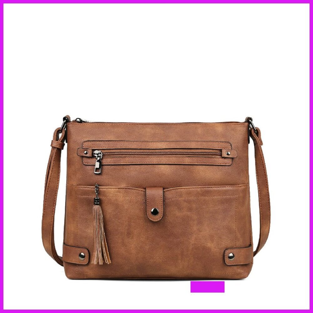 Large Crossbody Bag Faux Leather Multi Pocket Retro Style Shoulder Purse